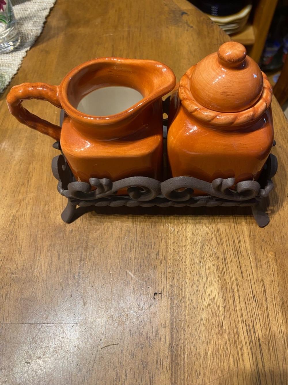 Artimo terracotta glazed cream and sugar with metal wrought iron tray